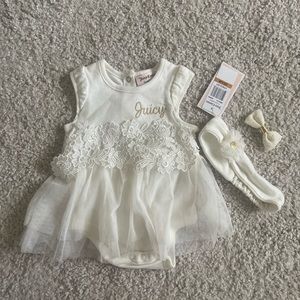 NWT Juicy Couture baby girl TuTu Dress Bodysuit and Hair Band white 0-3 months